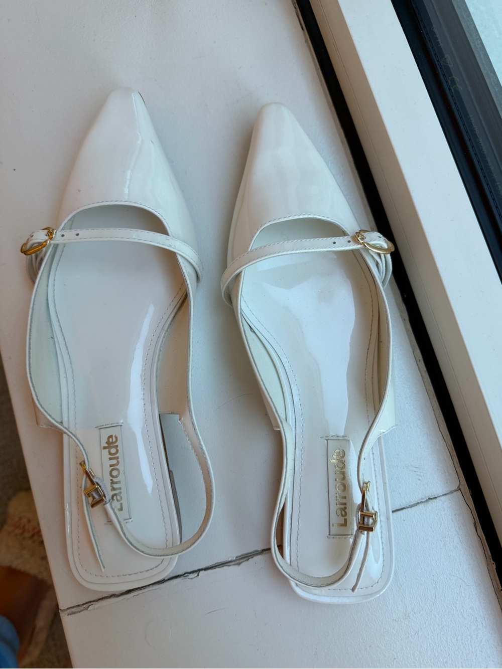 Larroude White Patent Pointed Mary Jane Slingback Flats- worn 1/2x